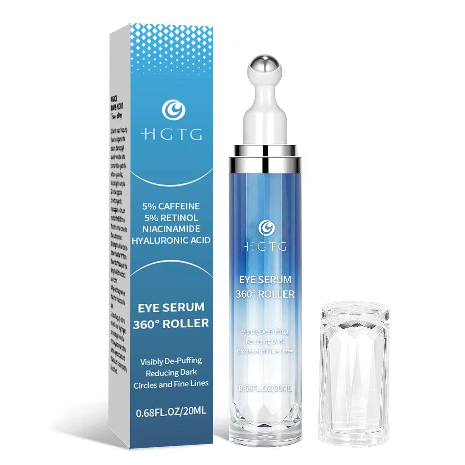 Sérum yeux HGTG avec rouleau 360°, favorise le massage et l absorption.