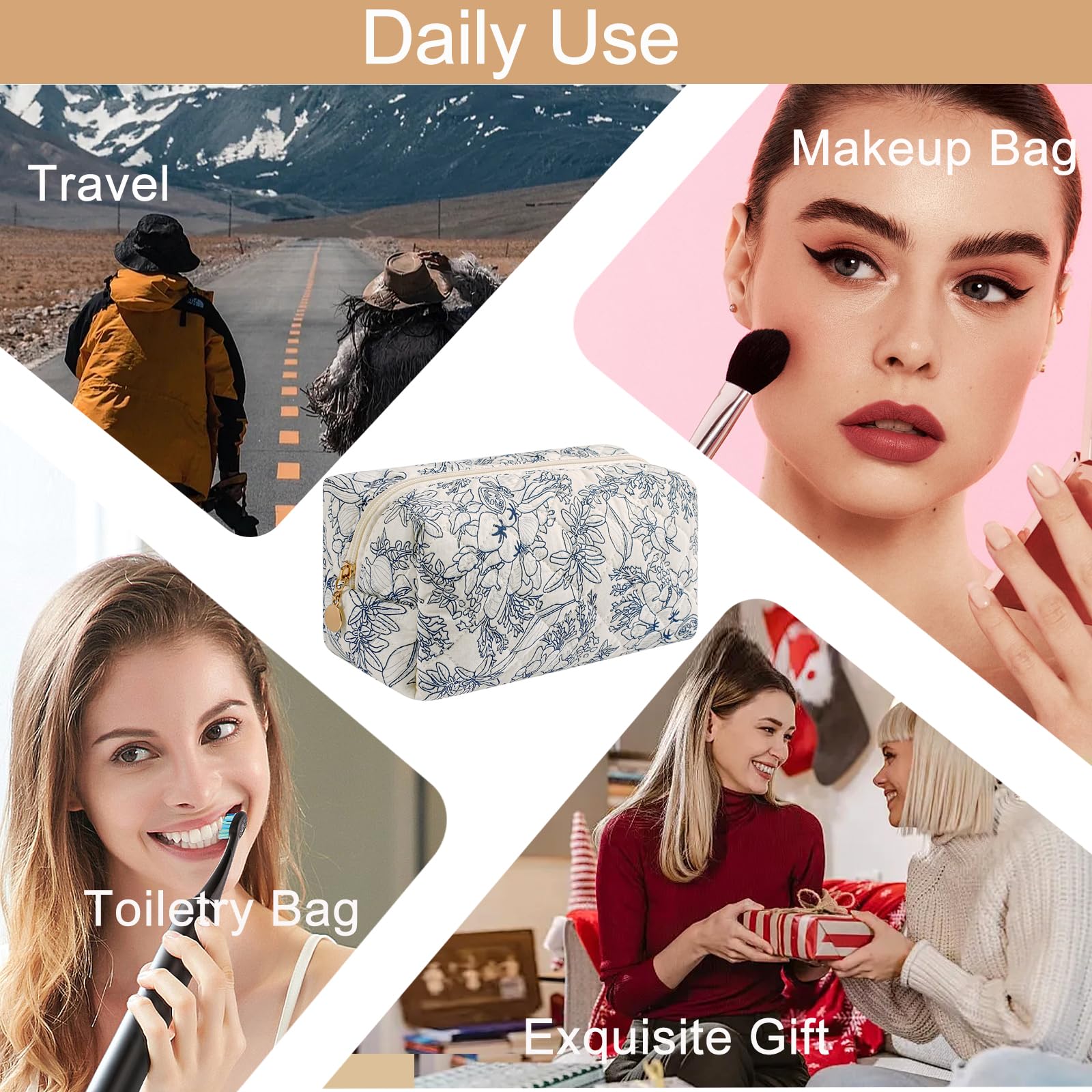 HHQQWZ organisateur beauté porte fermeture-éclair bleu marine fleuri — accessoire quotidien