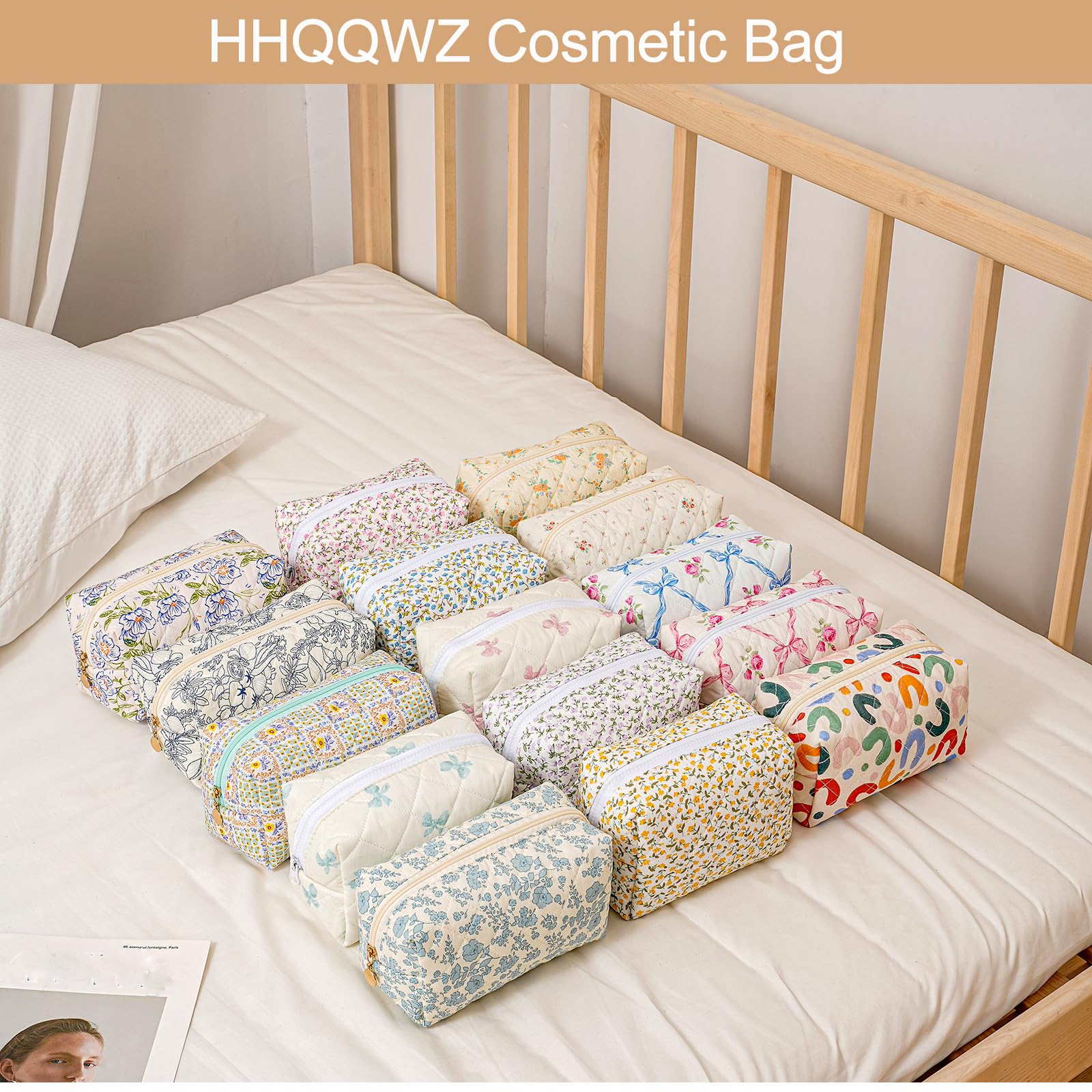 HHQQWZ sac maquillage luxe bleu floral — grand espace pour tous vos essentiels