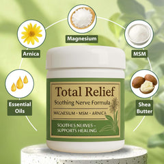 HiRelief Total Relief Crème Magnésium et Arnica, texture non grasse pour peau souple.