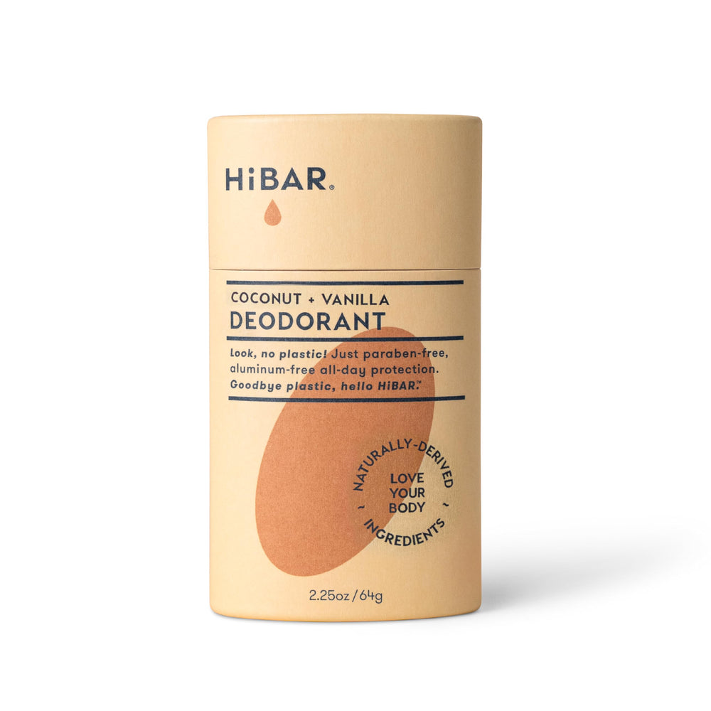HIBAR coconut vanilla deodorant tube offering all-day protection in a plastic-free format