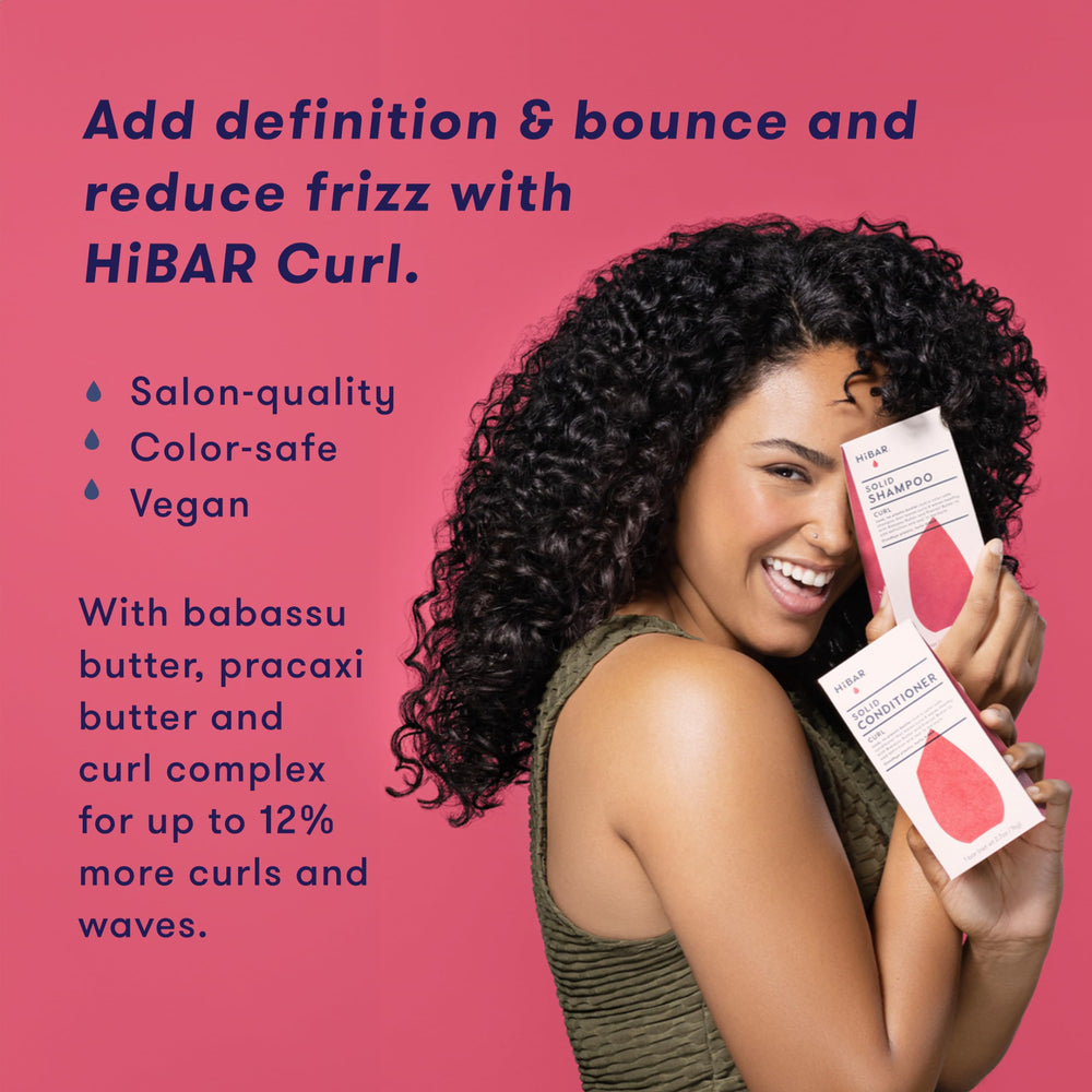 HIBAR Curl Shampoo Bar frizz-control image highlights smoother curls.
