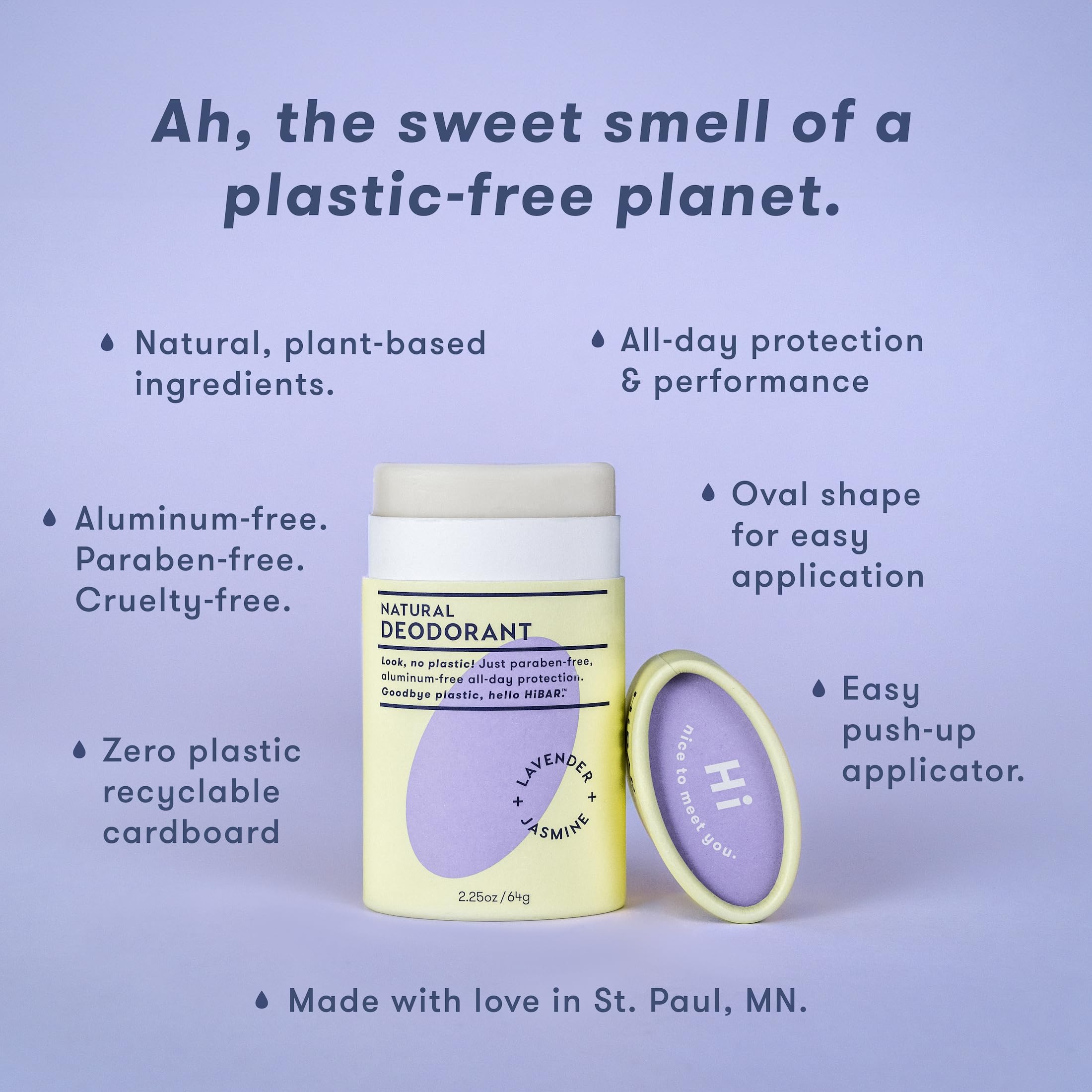 HiBAR déodorant sans plastique, application douce, parfum Lavande et Jasmin.