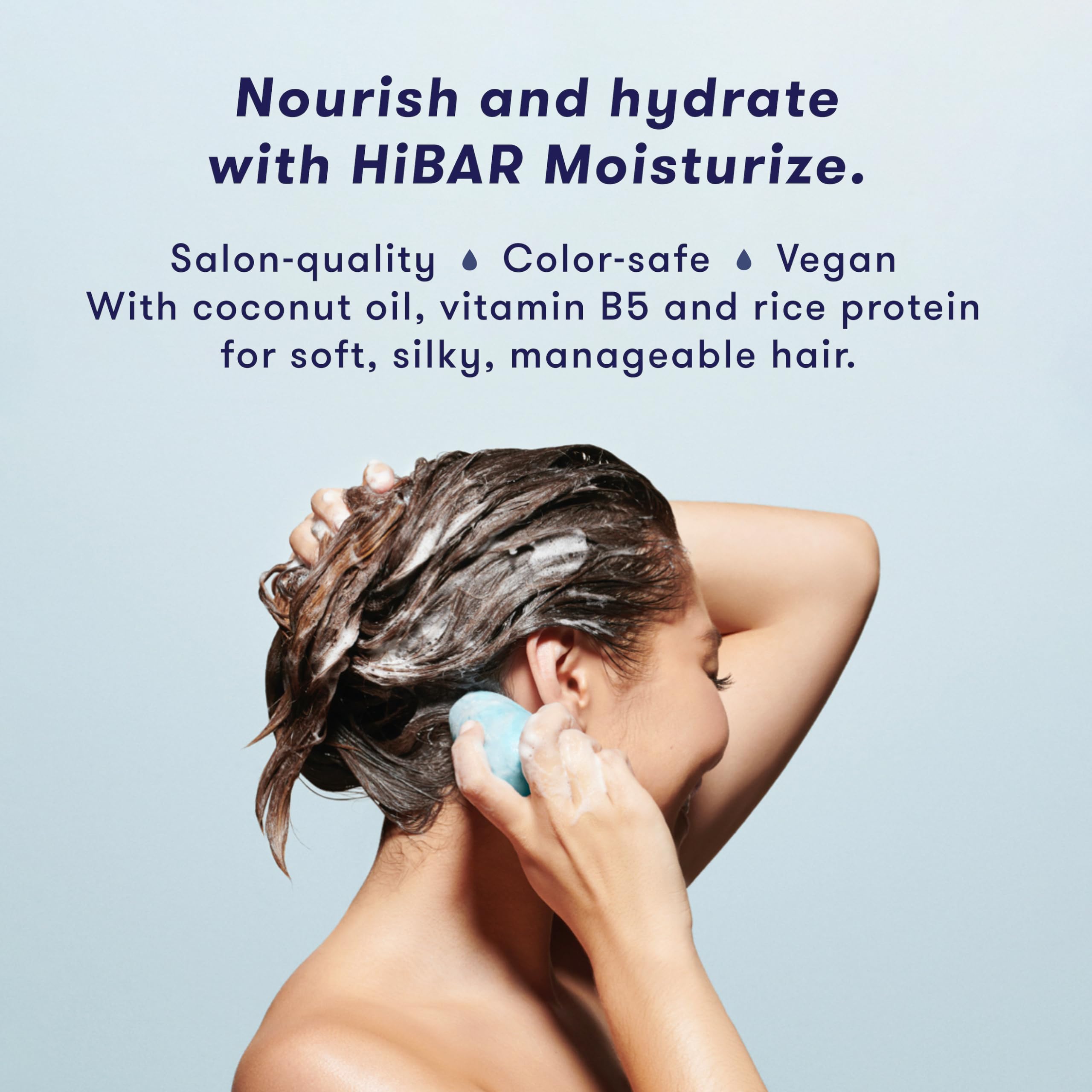 HI BAR Moisturize Shampoo Bar on hair showing nourishing formula for smoother strands