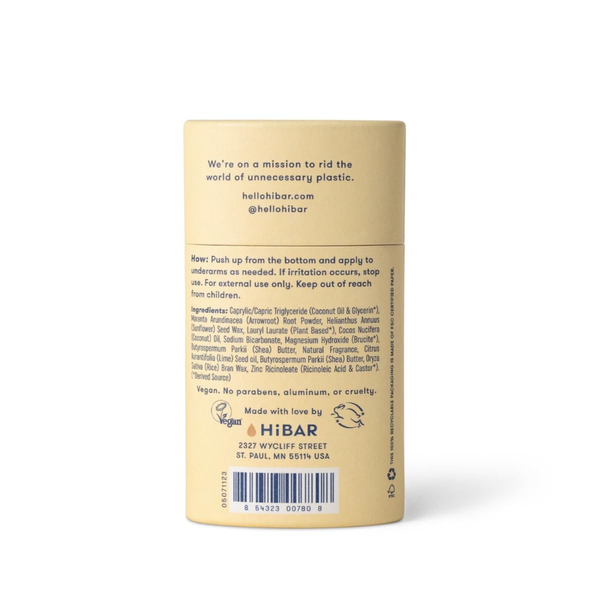 HIBAR plastic-free deodorant pack shown in recyclable packaging for sustainable care