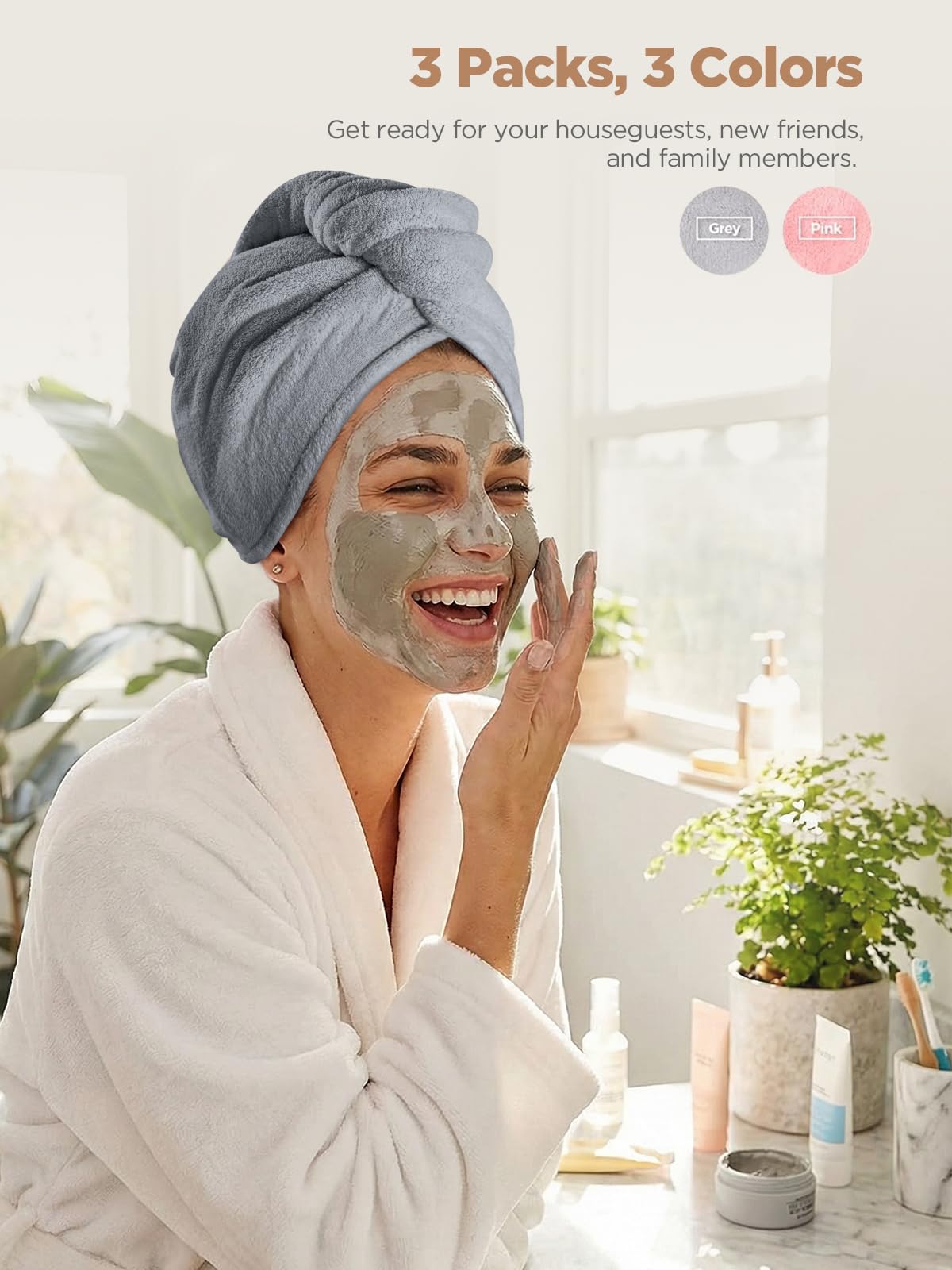 Serviette microfibre Hicober anti-frizz, rose, pour cheveux lisses après lavage.
