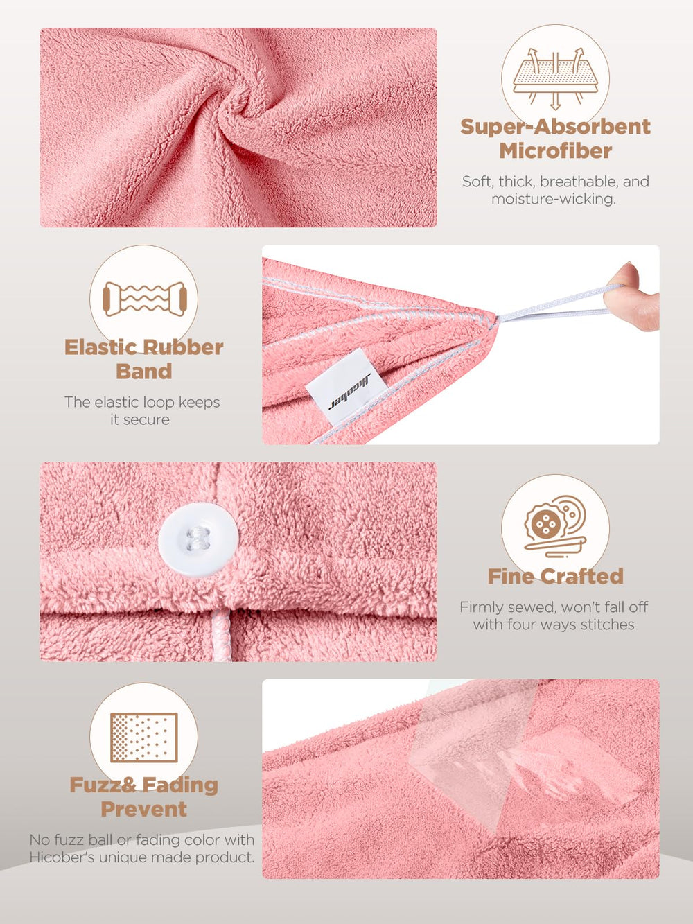 Turban Hicober pour cheveux mouillés, séchage rapide, gris.