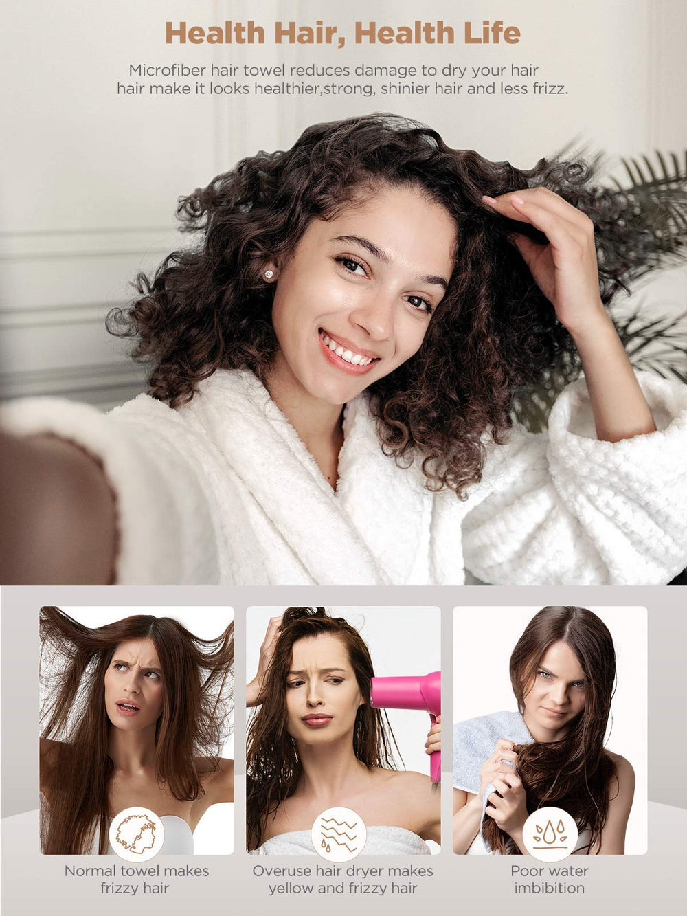Turban Hicober pour cheveux mouillés, séchage doux et efficace, rose.