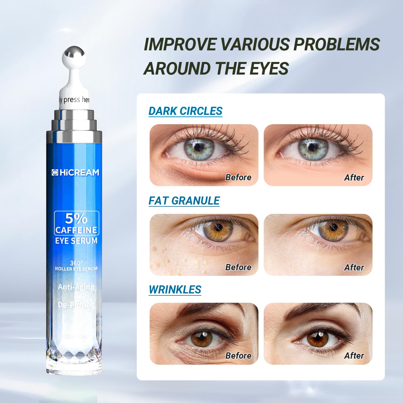 Hicream rouleau yeux 360°, massage apaisant et meilleure absorption.