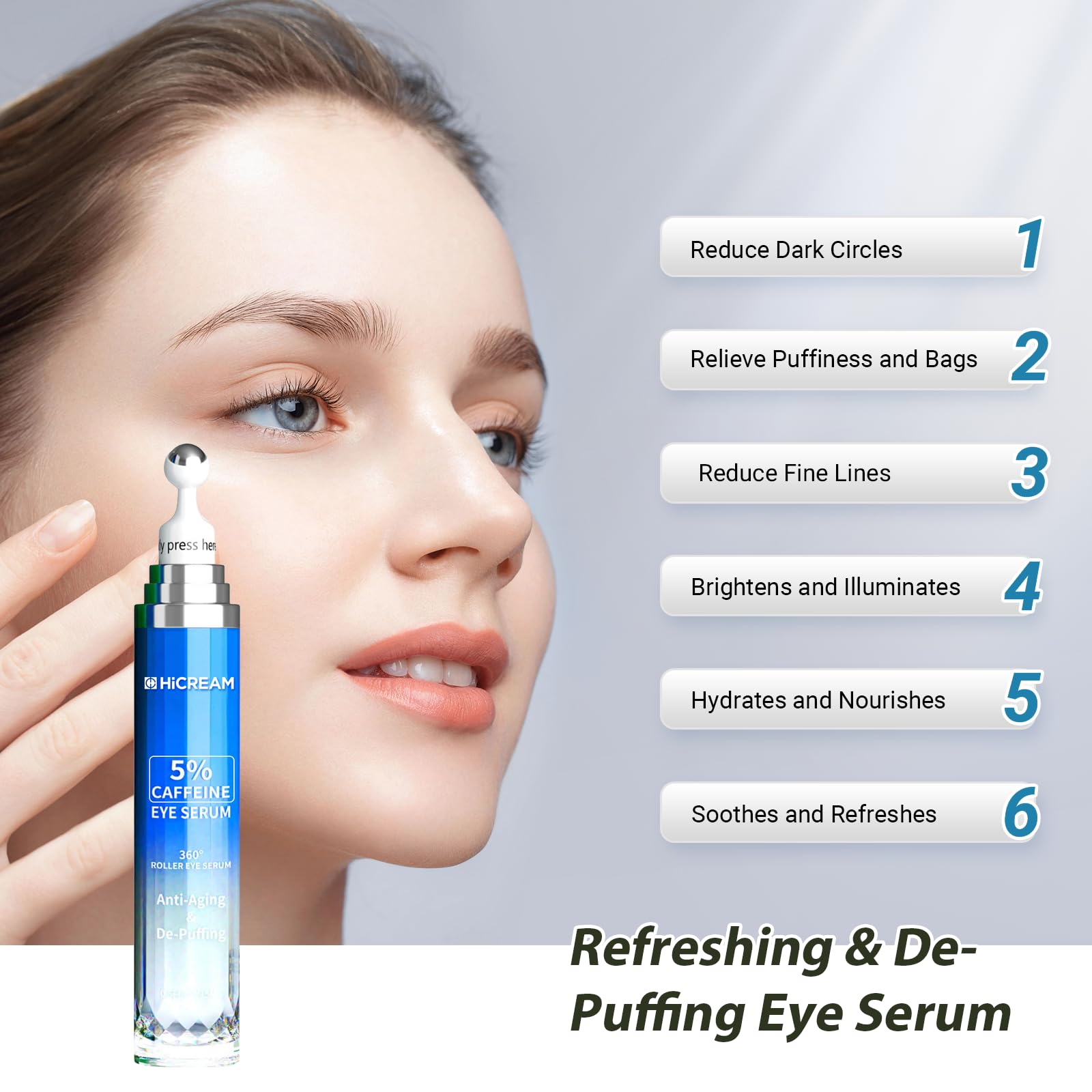 Hicream sérum yeux avec rouleau 360°, absorption facilitée et détente ciblée.
