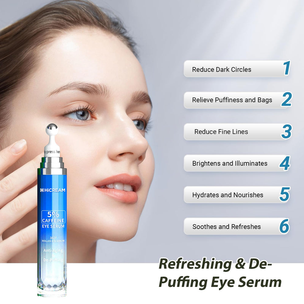 Hicream sérum yeux avec rouleau 360°, absorption facilitée et détente ciblée.