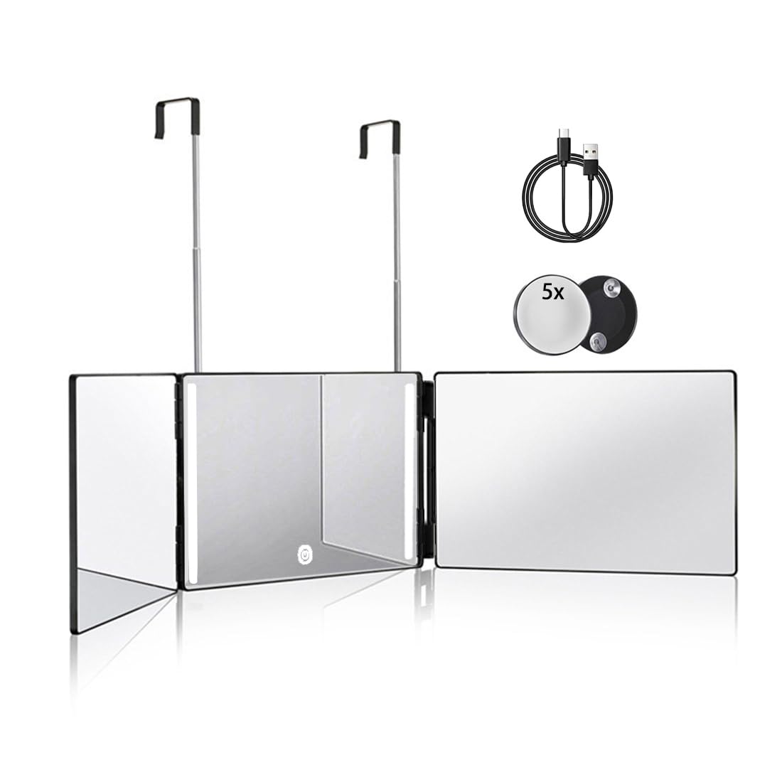HIEEY miroir tri-volets avec lumière, vue 360 pour coiffage précis.