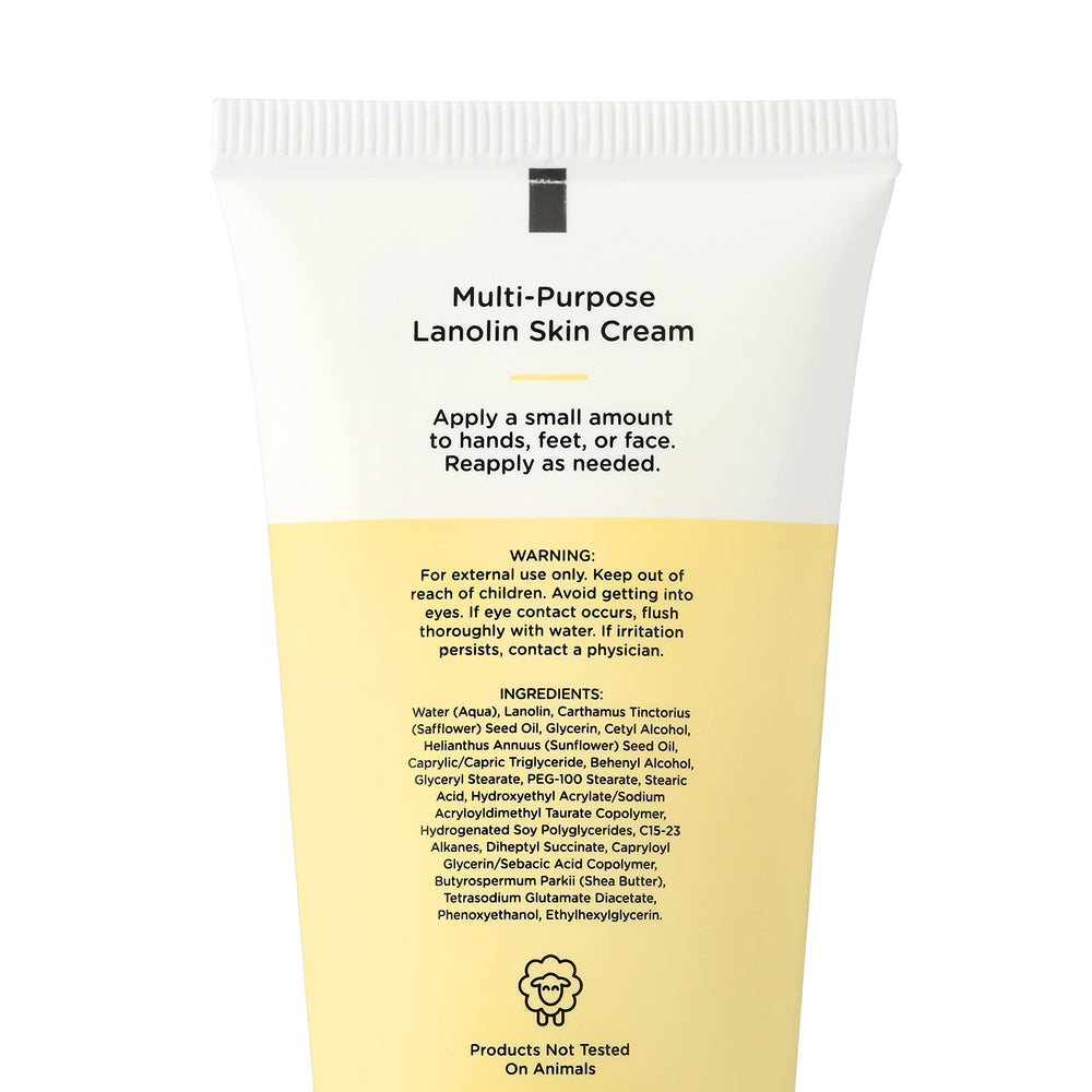 Crème Lanoline High Meadow appliquée sur coudes et genoux, pour adoucir la peau.