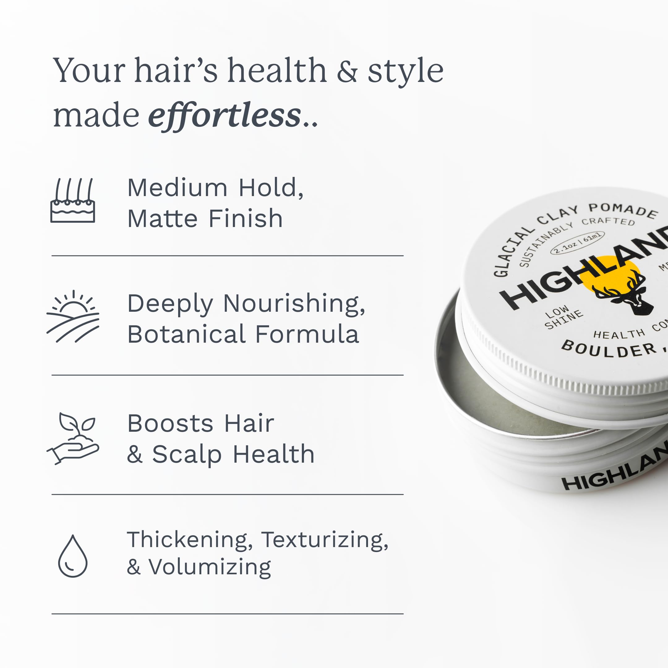 Texture mate et naturelle de Highland Glacial Hair Clay Pomade pour une tenue légère.