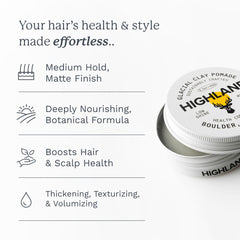 Texture mate et naturelle de Highland Glacial Hair Clay Pomade pour une tenue légère.
