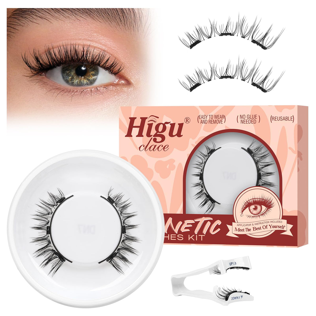 Cils magnétiques Higu clace avec applicateur pour une pose rapide sans colle.