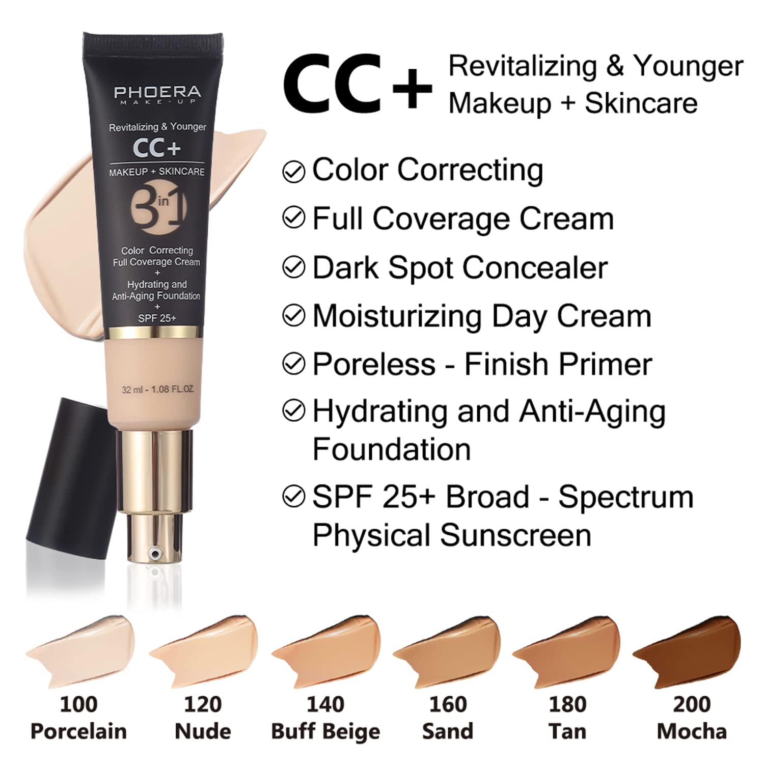 Échantillon teinte Porcelaine PHOERA CC+ Cream pour un teint clair lumineux