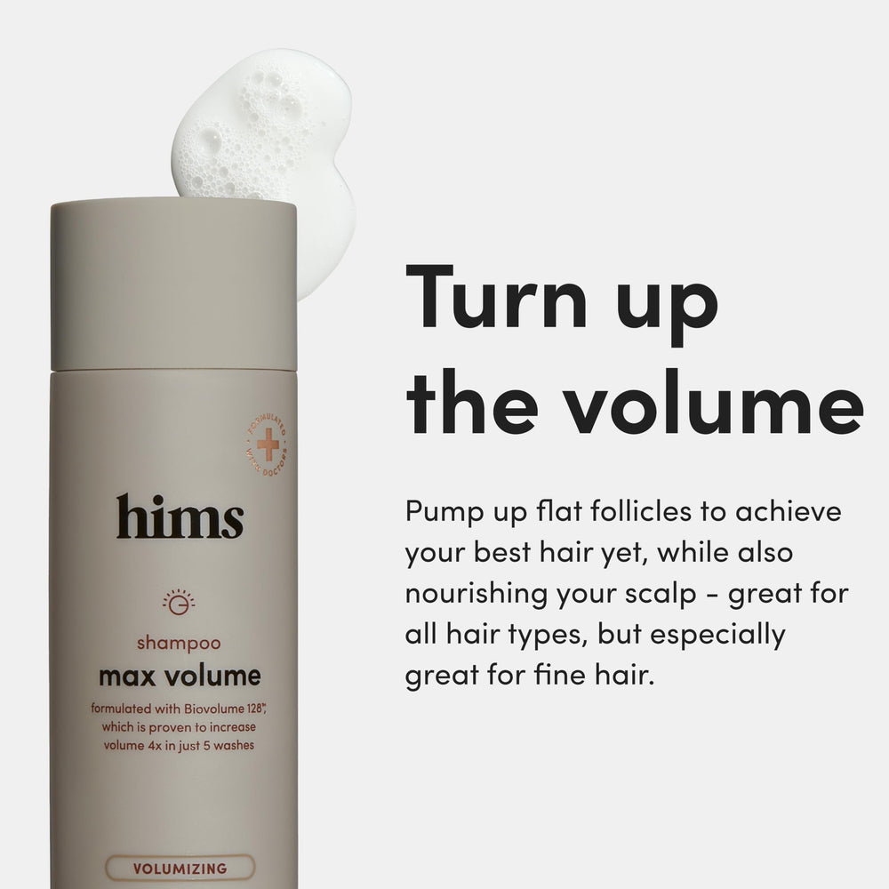 Hims Max Volume Shampoo, ingrédients biotine et caféine, soutien potentiel pour cheveux fins.