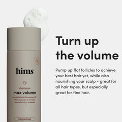 Hims Max Volume Shampoo, ingrédients biotine et caféine, soutien potentiel pour cheveux fins.
