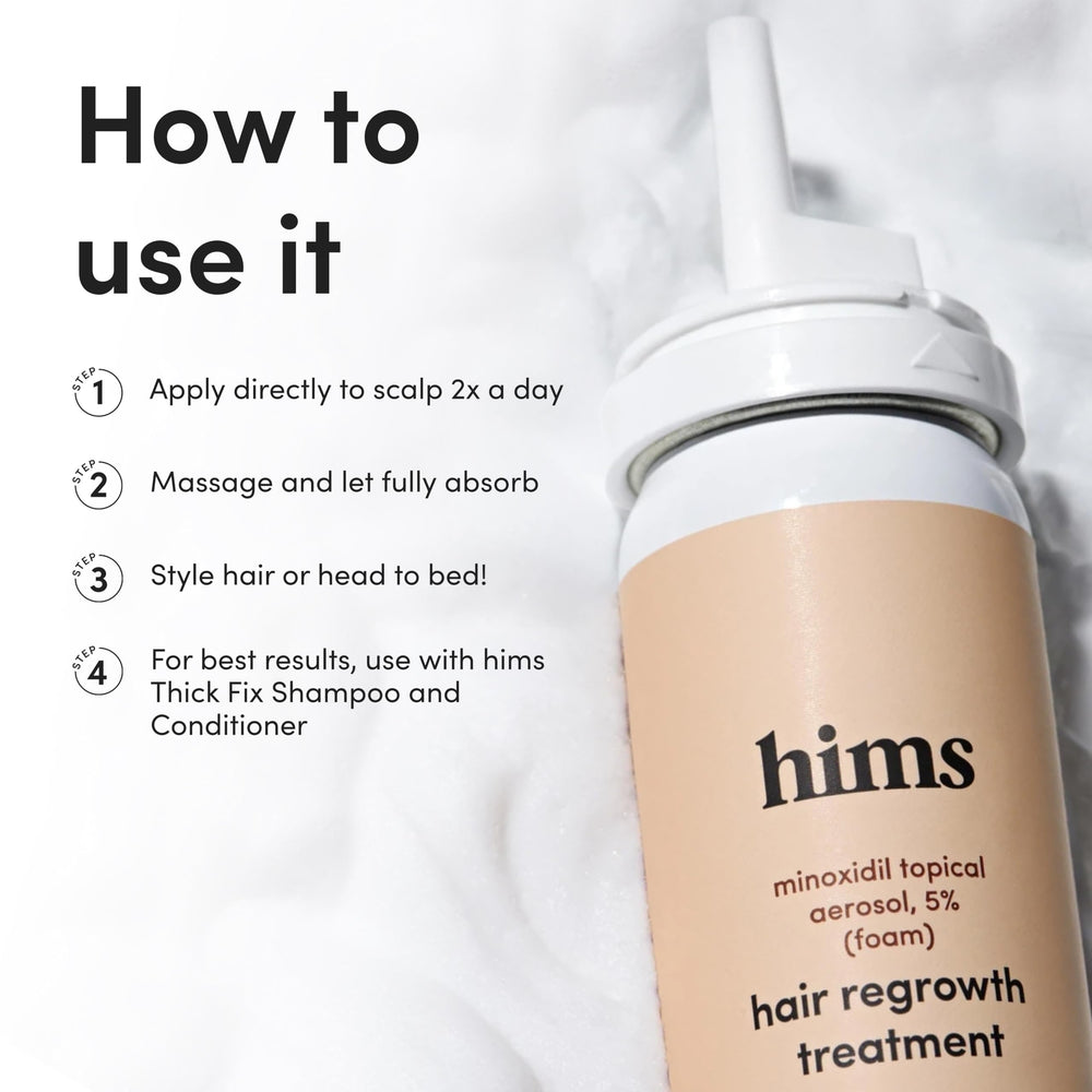 hims minoxidil 5% mousse : zone couronne ciblée pour couvrir les zones clairsemées