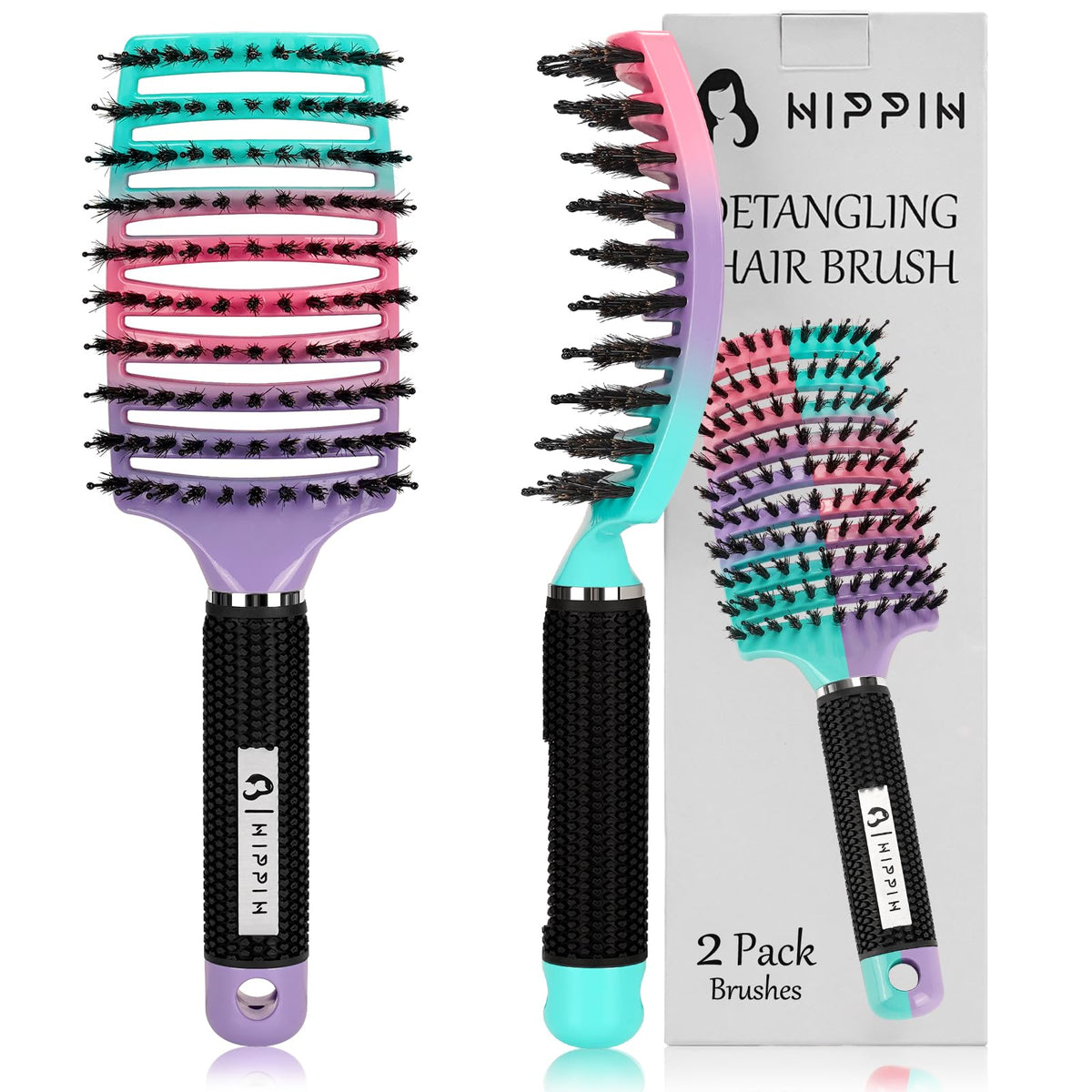 HIPPIH brosse démêlante pack duo pour démêlage facile sur cheveux mouillés ou secs.