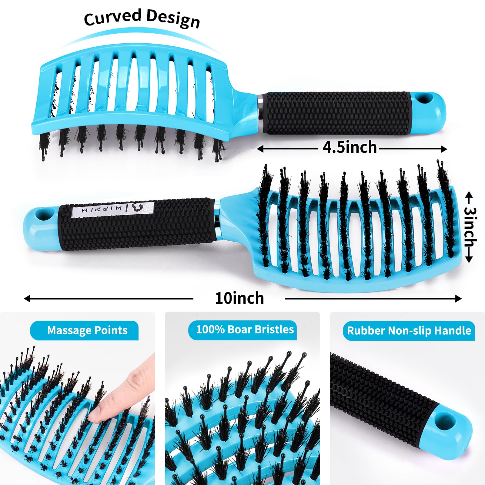Brosse HIPPIH démêlant les cheveux humides sans douleur grâce aux poils naturels.