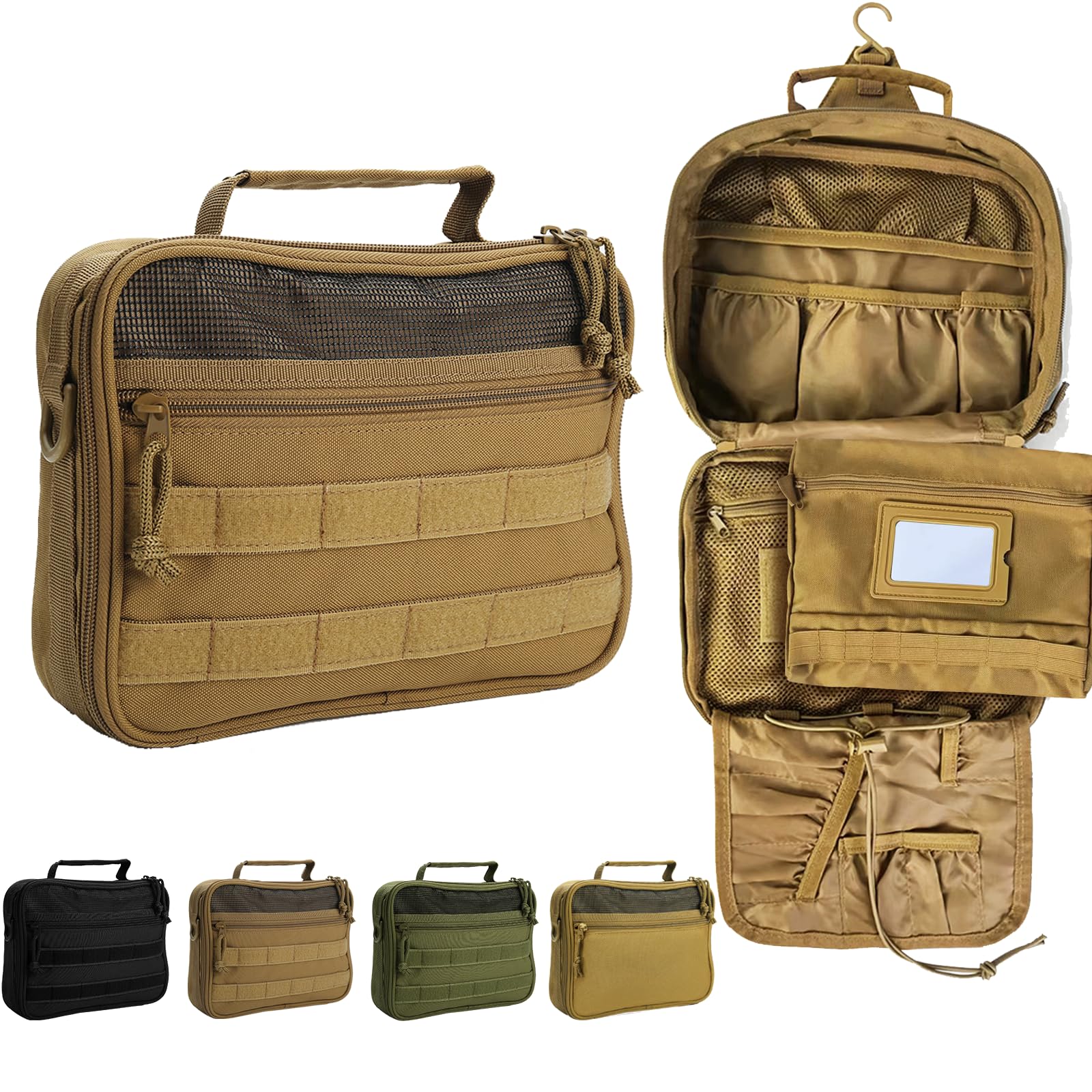 Trousse de toilette HJOKLS ouverte avec compartiments faciles à atteindre.