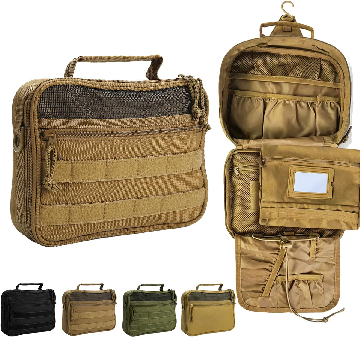 Trousse de toilette HJOKLS ouverte avec compartiments faciles à atteindre.