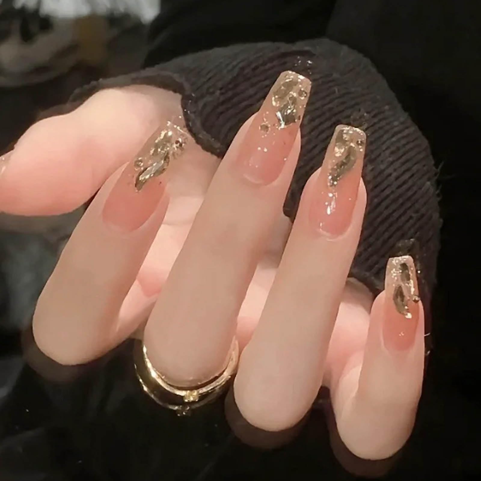 Ongles Hkanlre Coffin Doré, pose rapide et durable.