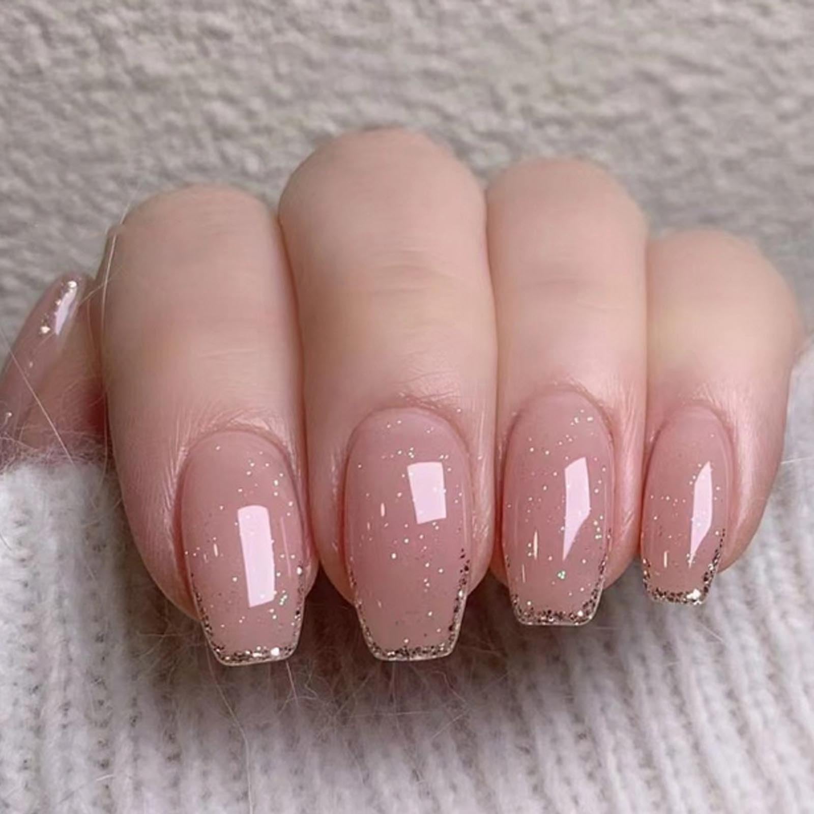 Ongles Hkanlre press medium coffin bling rose, éclat durable pour soirée.