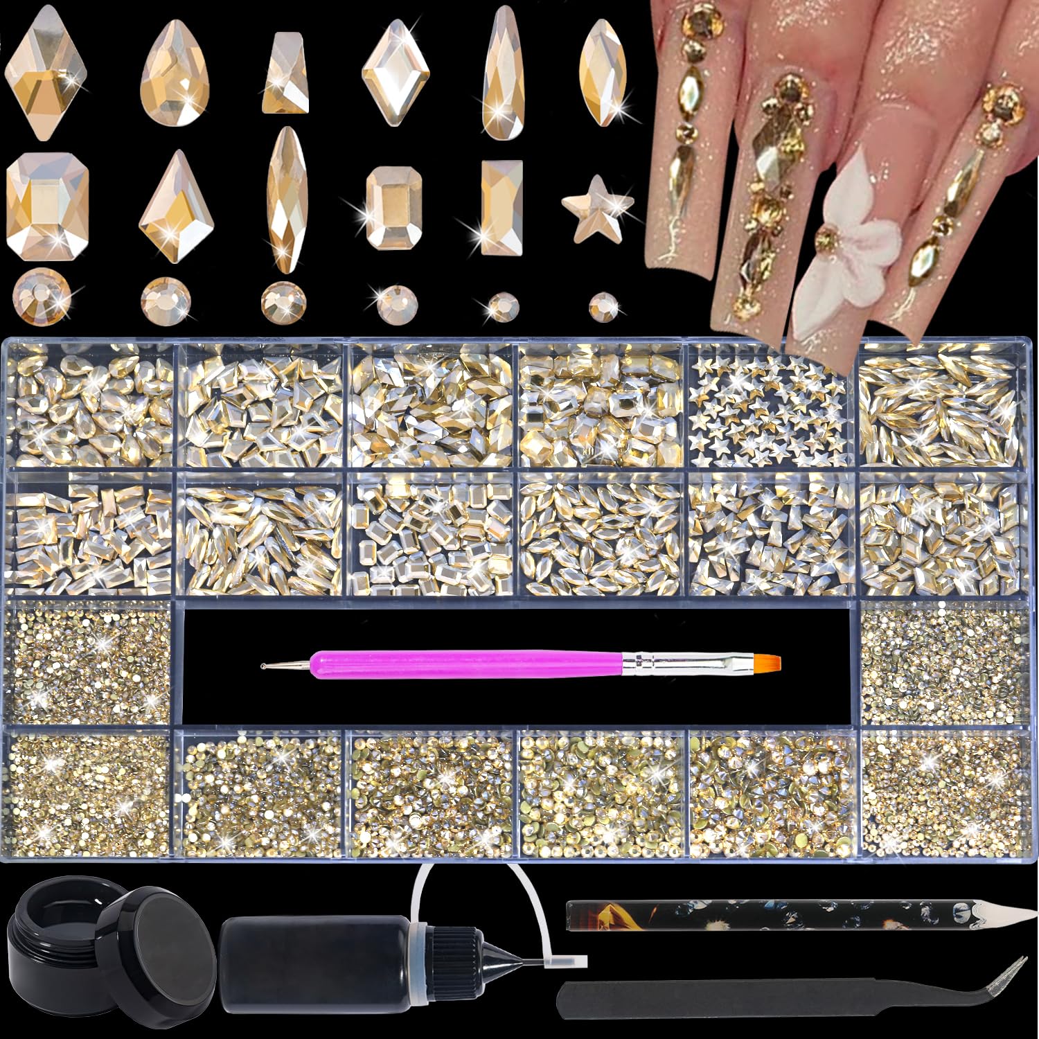 Kit de strass HNUIX Champagne Gold pour ongles, brillance éclatante et entretien facile.
