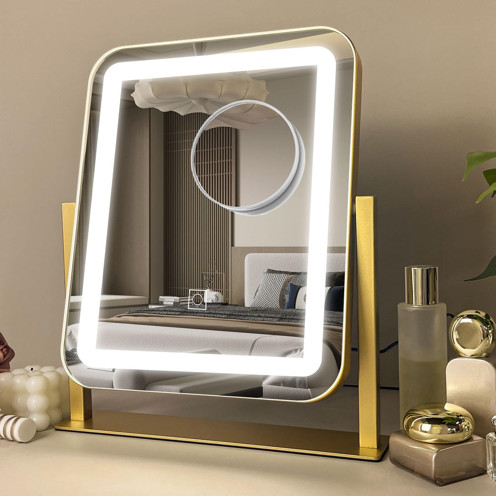 Miroir HNV doré 15x13 avec lumière intégrée pour bureau élégant.