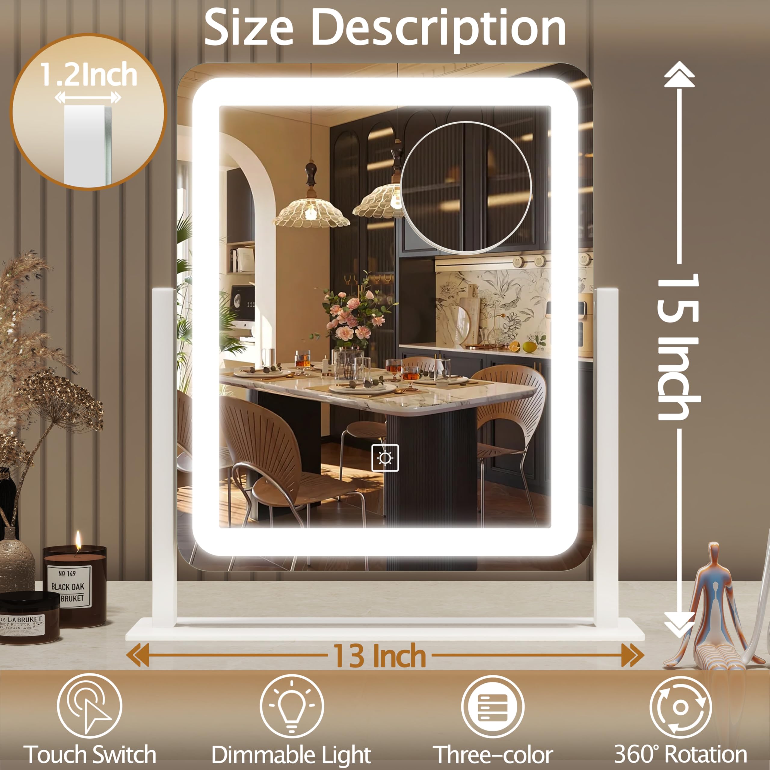 Miroir HNV, base métallique robuste pour stabilité.