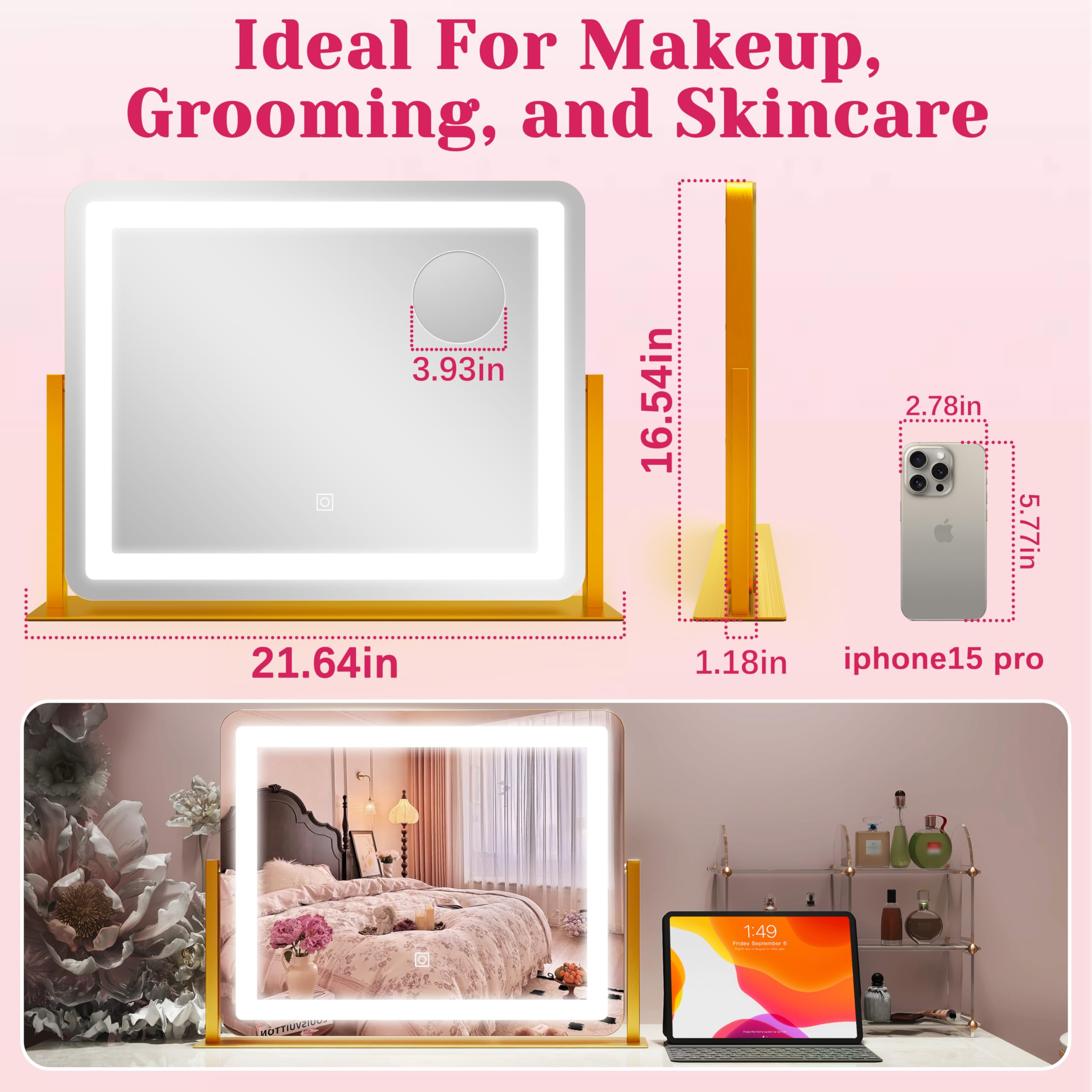 Miroir vanité doré HNV design élégant pour bureau ou chambre