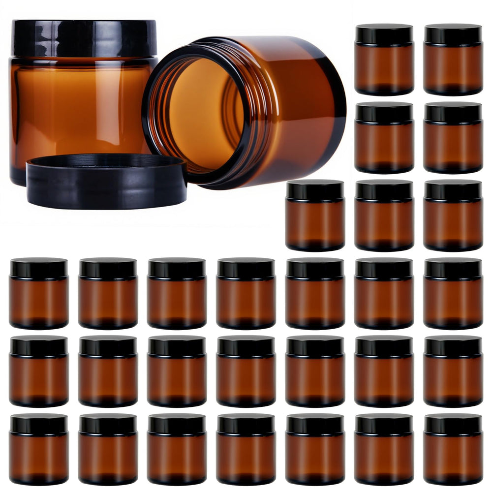 Pot Hoa Kinh en verre ambré 4 oz, couvercle noir, idéal pour crèmes.