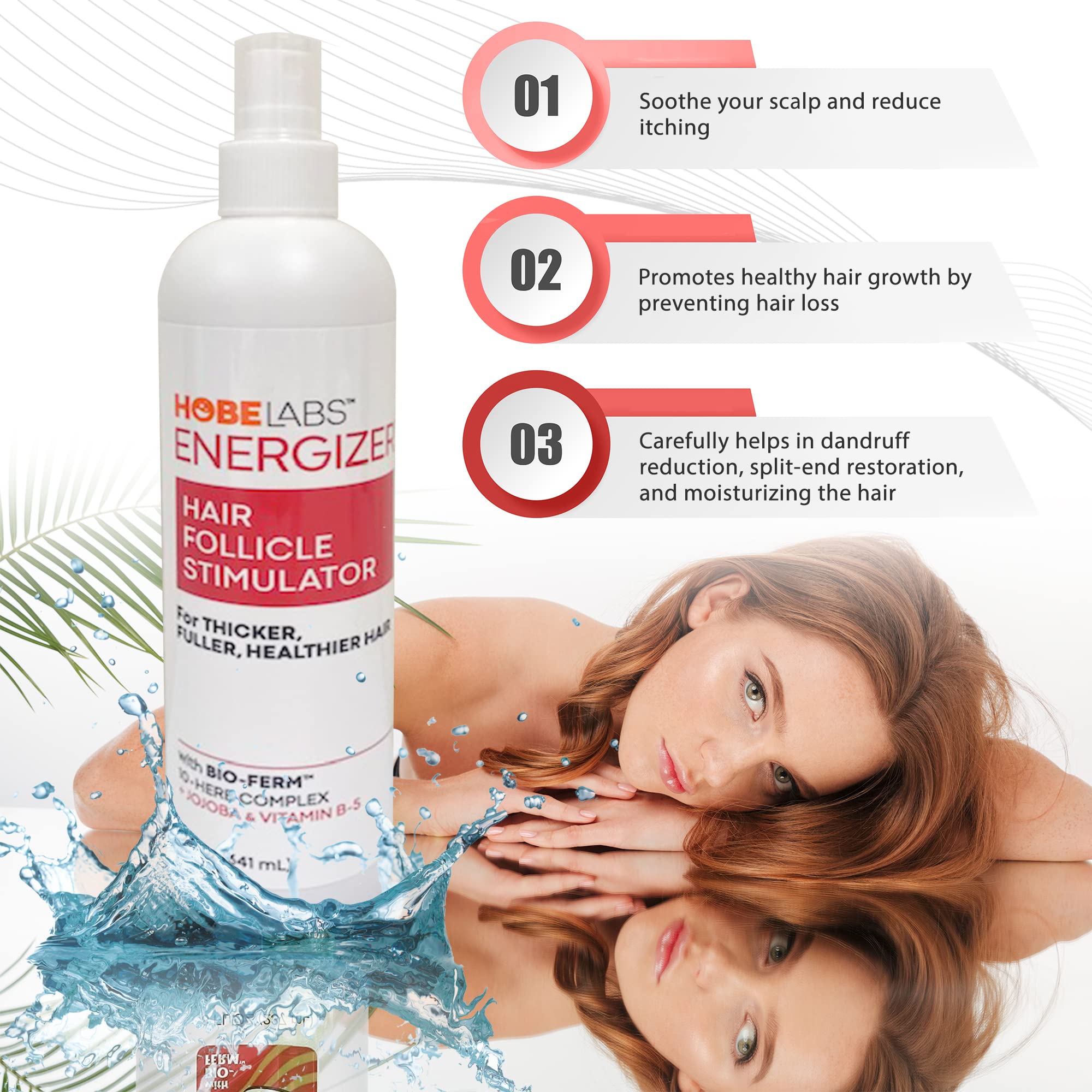 Hobe Labs Energizer : texture formulée avec jojoba et vitamine B5 pour hydrater les cheveux.
