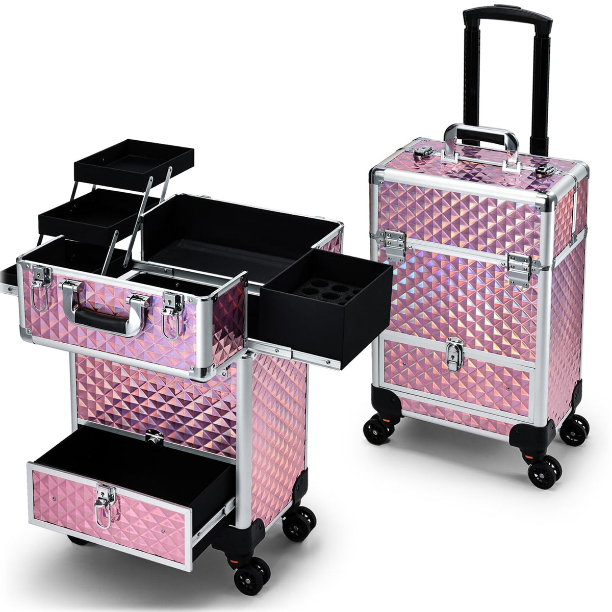 Coffre maquillage Hododou roulant avec tiroir, rose pailleté, rangement élégant.