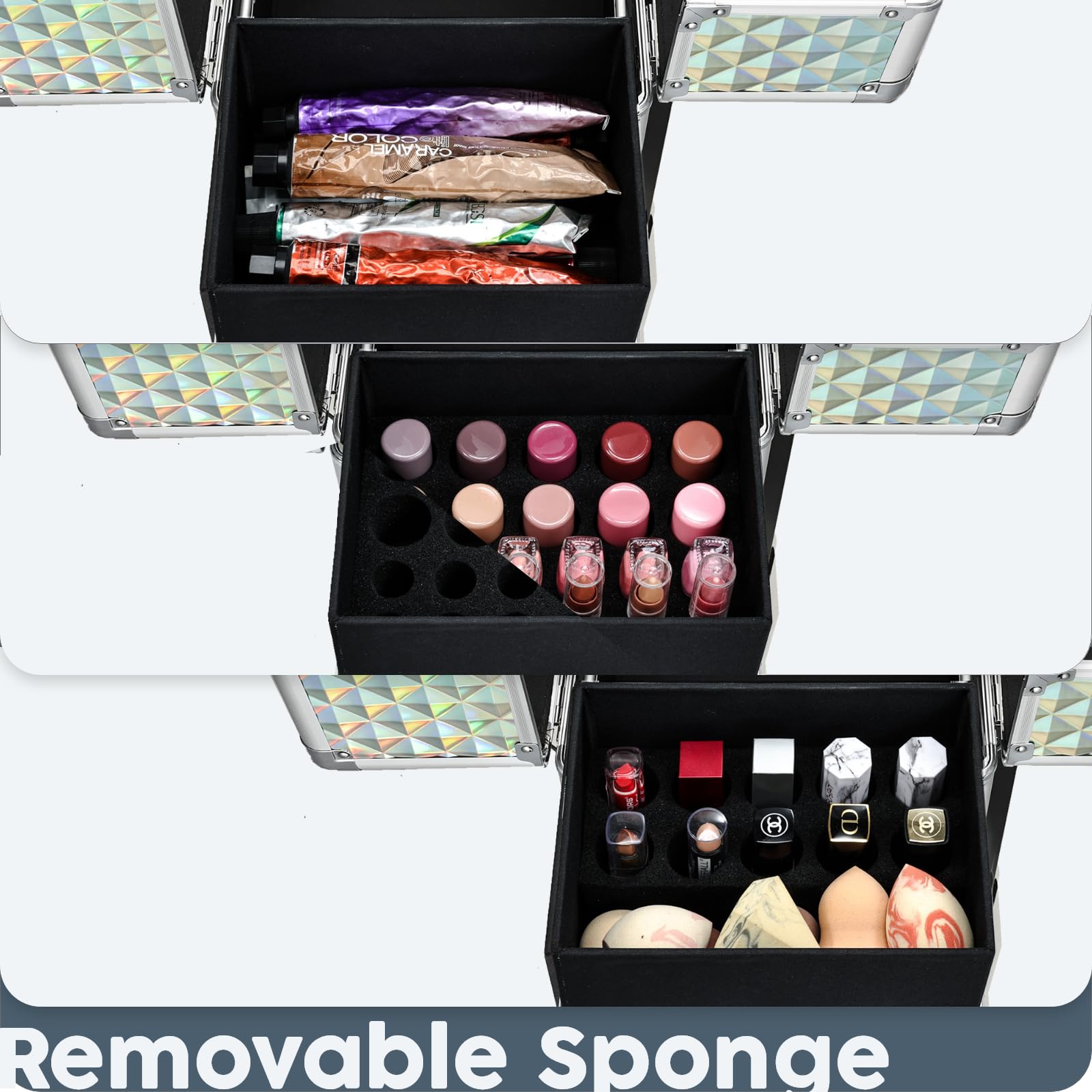 Hododou coffret maquillage roulant bleu — roues 360° pour déplacements silencieux et fluides.