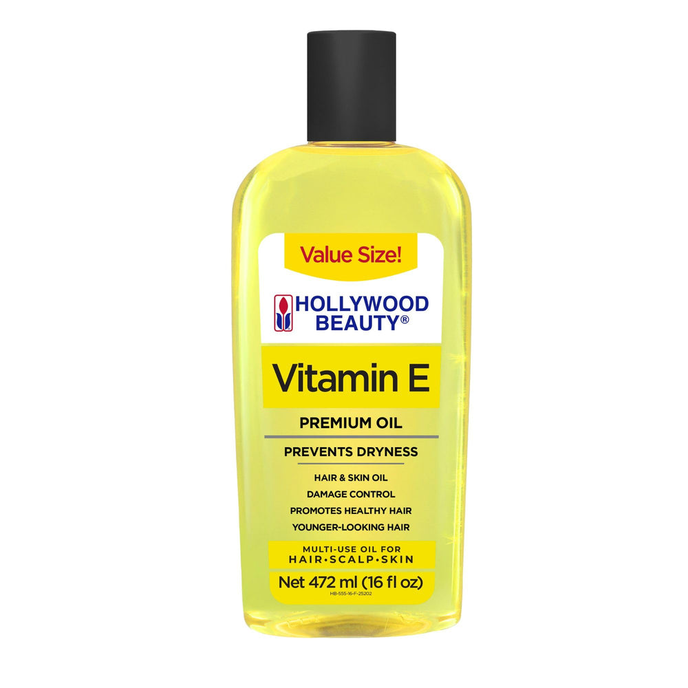 Hollywood Beauty Huile vitamine E – bouteille hydratante pour cheveux et peau.