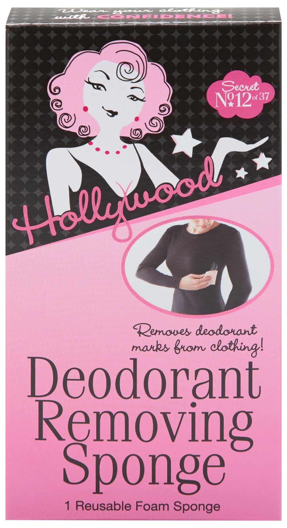 Éponge Hollywood Fashion Secrets éliminant les taches de déodorant sur textile.