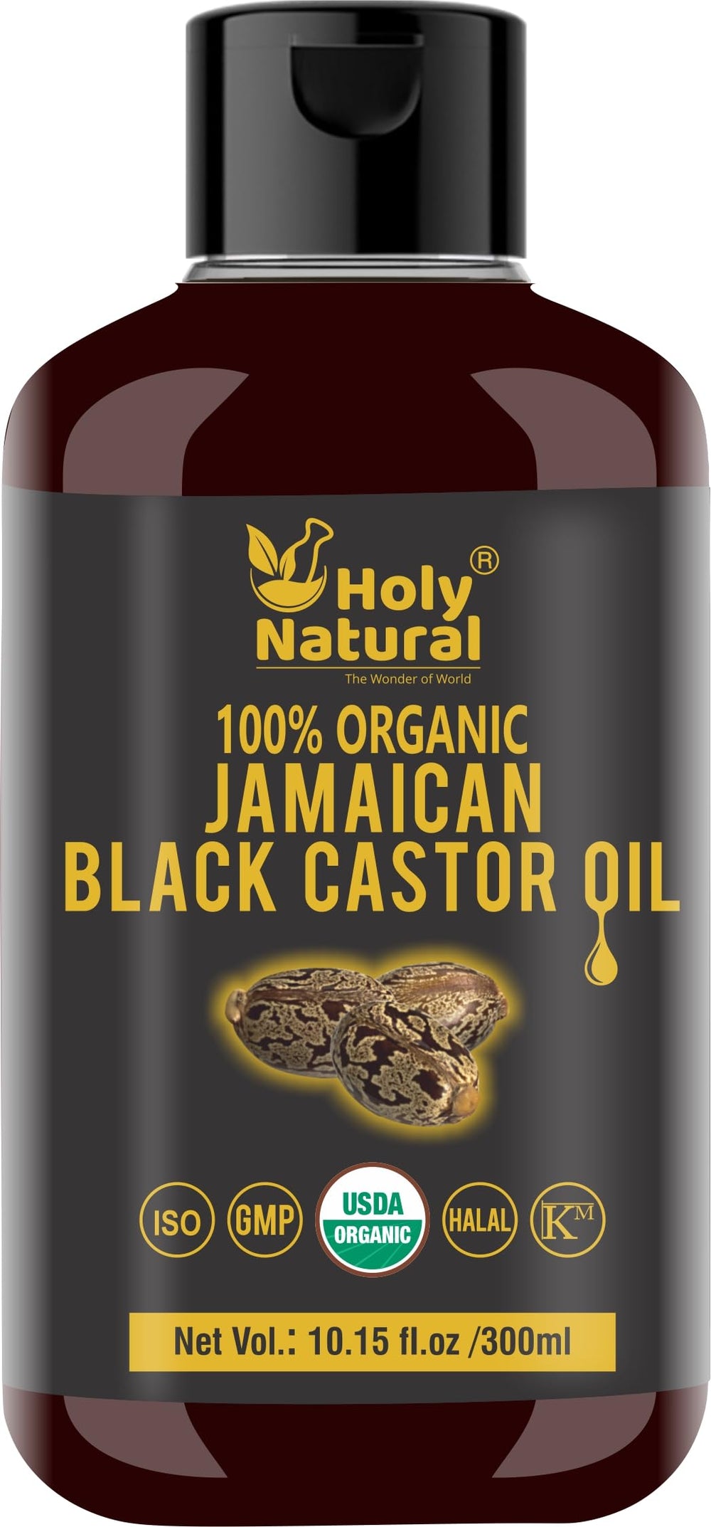 Holy Natural huile ricin noire: bouteille sur fond neutre, nourrissant les cheveux.