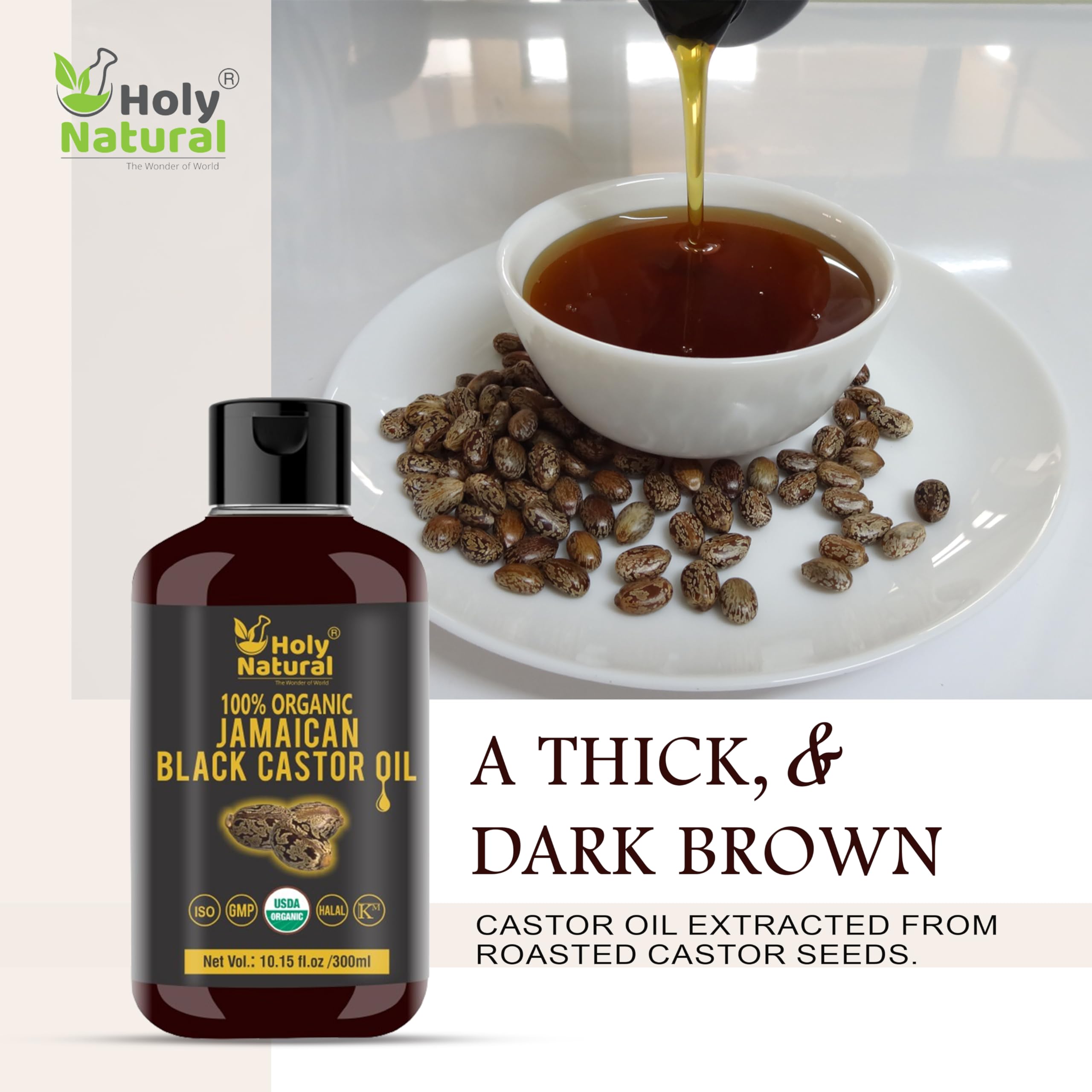 Holy Natural huile ricin noire: étiquette montrant l'origine biologique et artisanale.