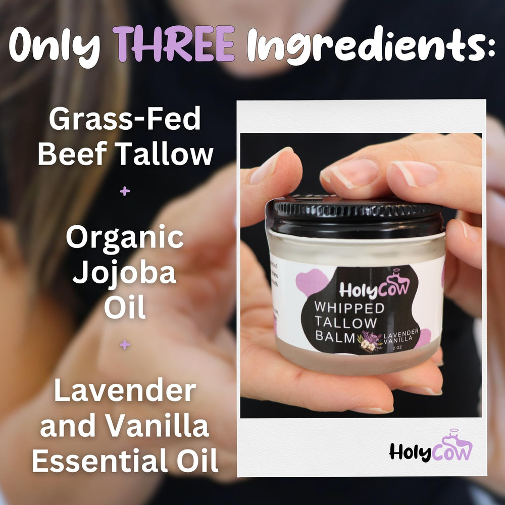 HolyCow tallow et jojoba — soin nourrissant sans parfum pour peau sensible.