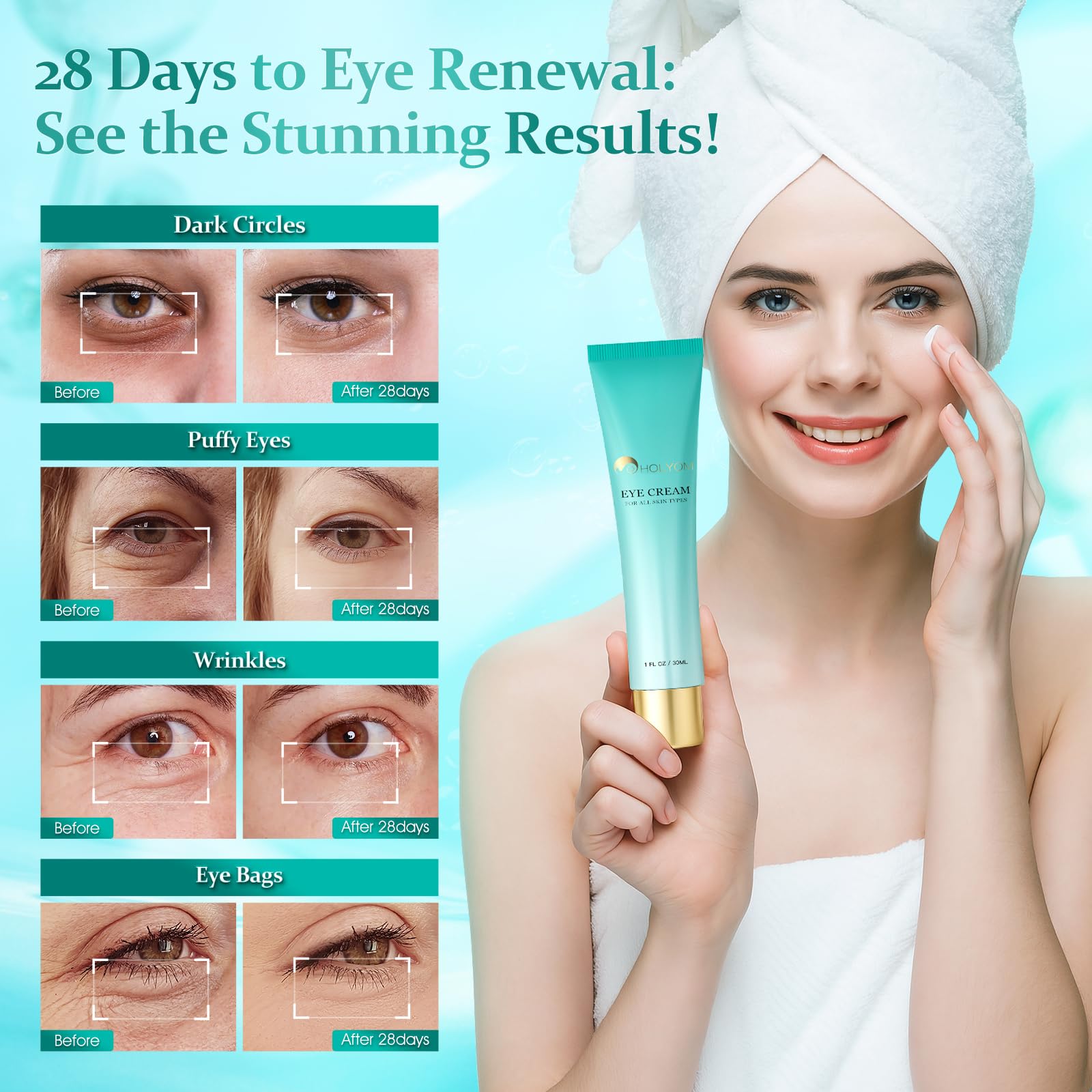 HOLYOM Crème Yeux Avancée – application délicate autour du contour des yeux.