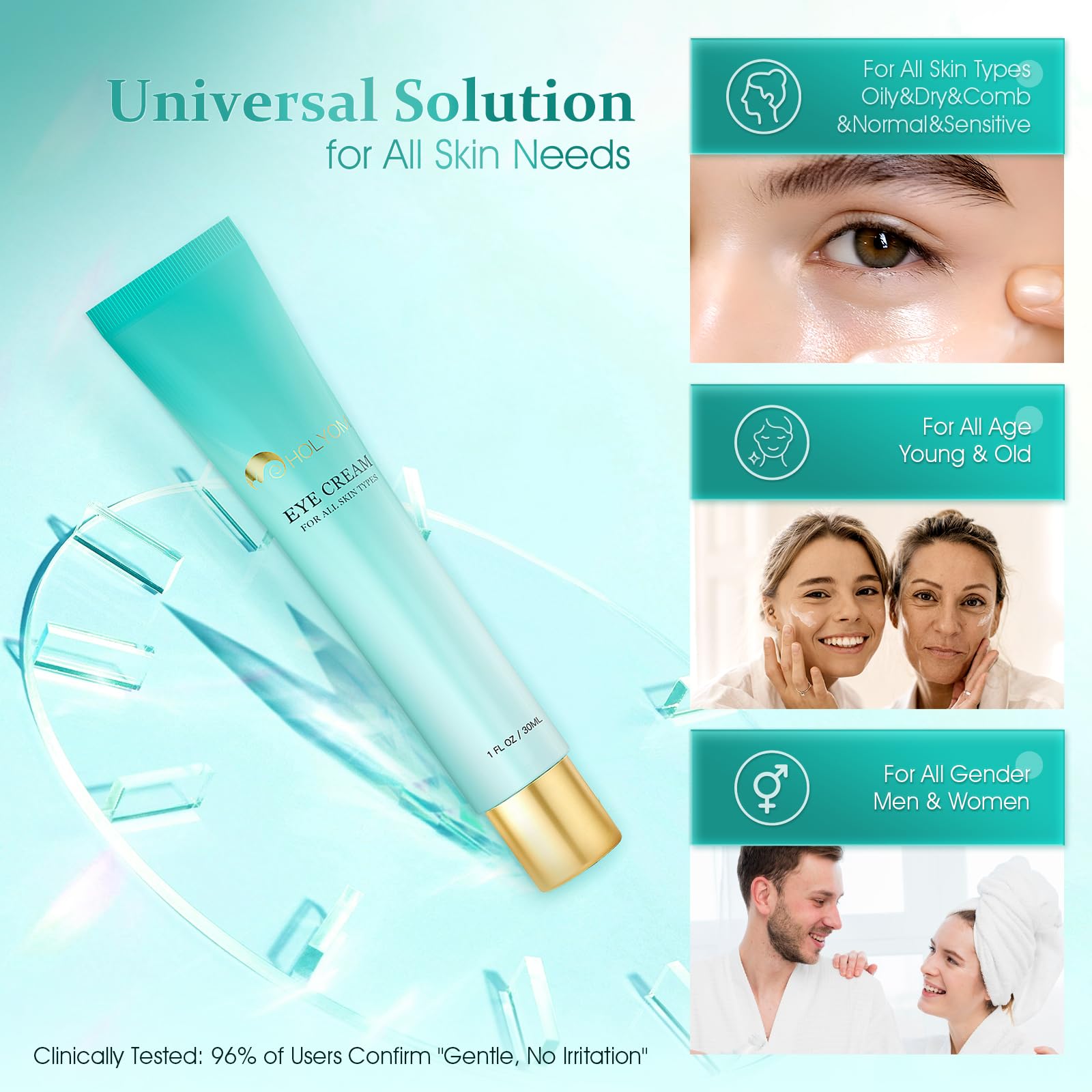 Packaging épuré et pratique de HOLYOM Crème Yeux Avancée.