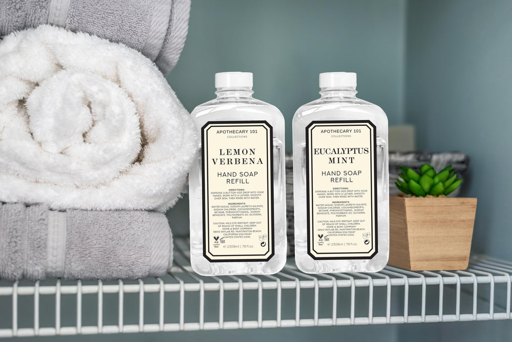 Étiquette Apothecary 101 Home & Body Company, design élégant et remplissage pratique.