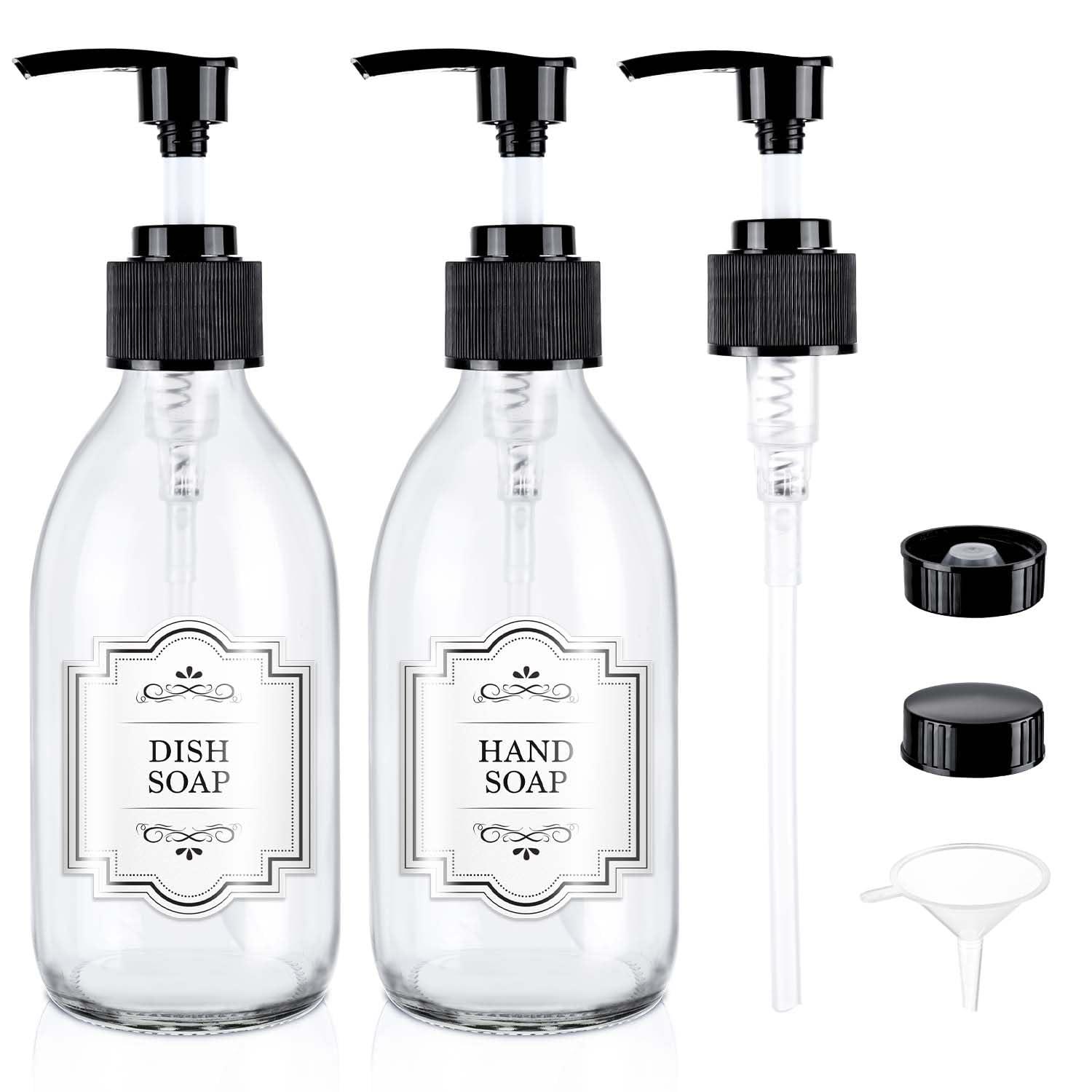 Bouteille HomePicker en verre clair avec pompe 250 ml prête à dispenser des lotions ou huiles.