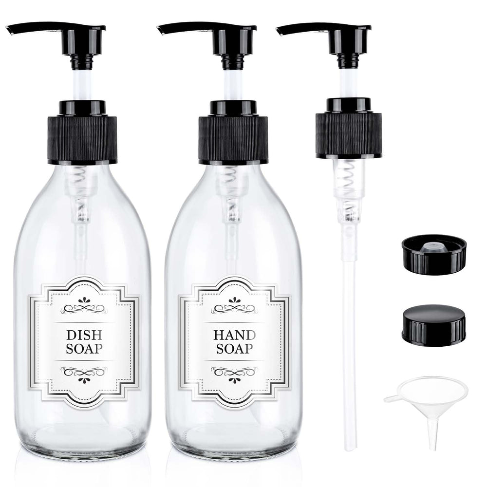 Bouteille HomePicker en verre clair avec pompe 250 ml prête à dispenser des lotions ou huiles.
