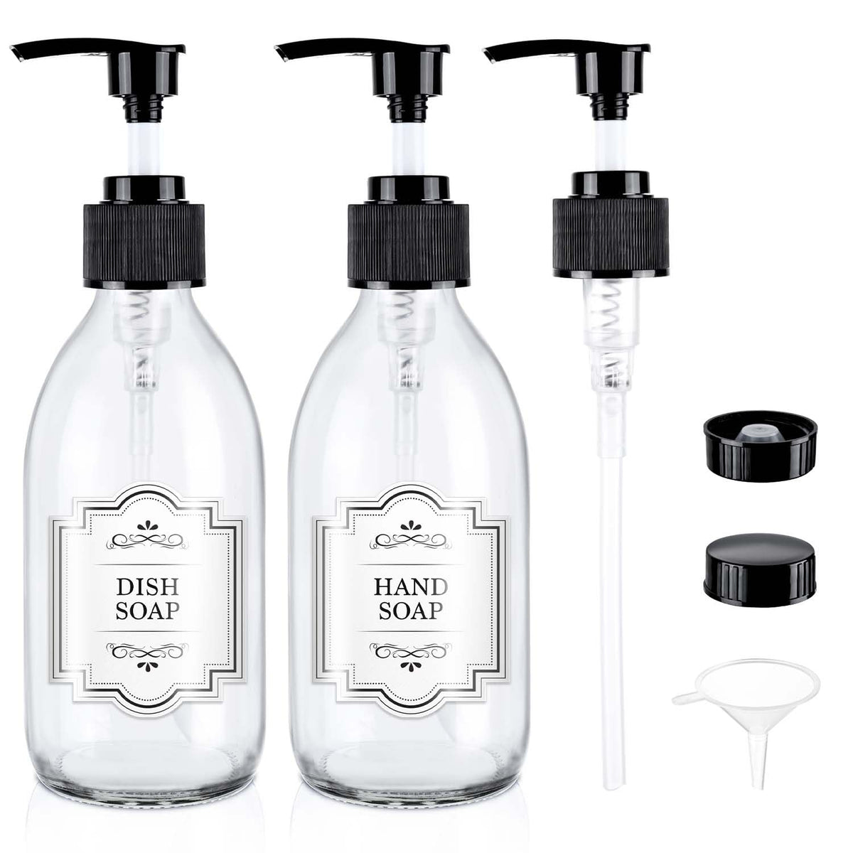 Bouteille HomePicker en verre clair avec pompe 250 ml prête à dispenser des lotions ou huiles.