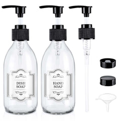 Bouteille HomePicker en verre clair avec pompe 250 ml prête à dispenser des lotions ou huiles.